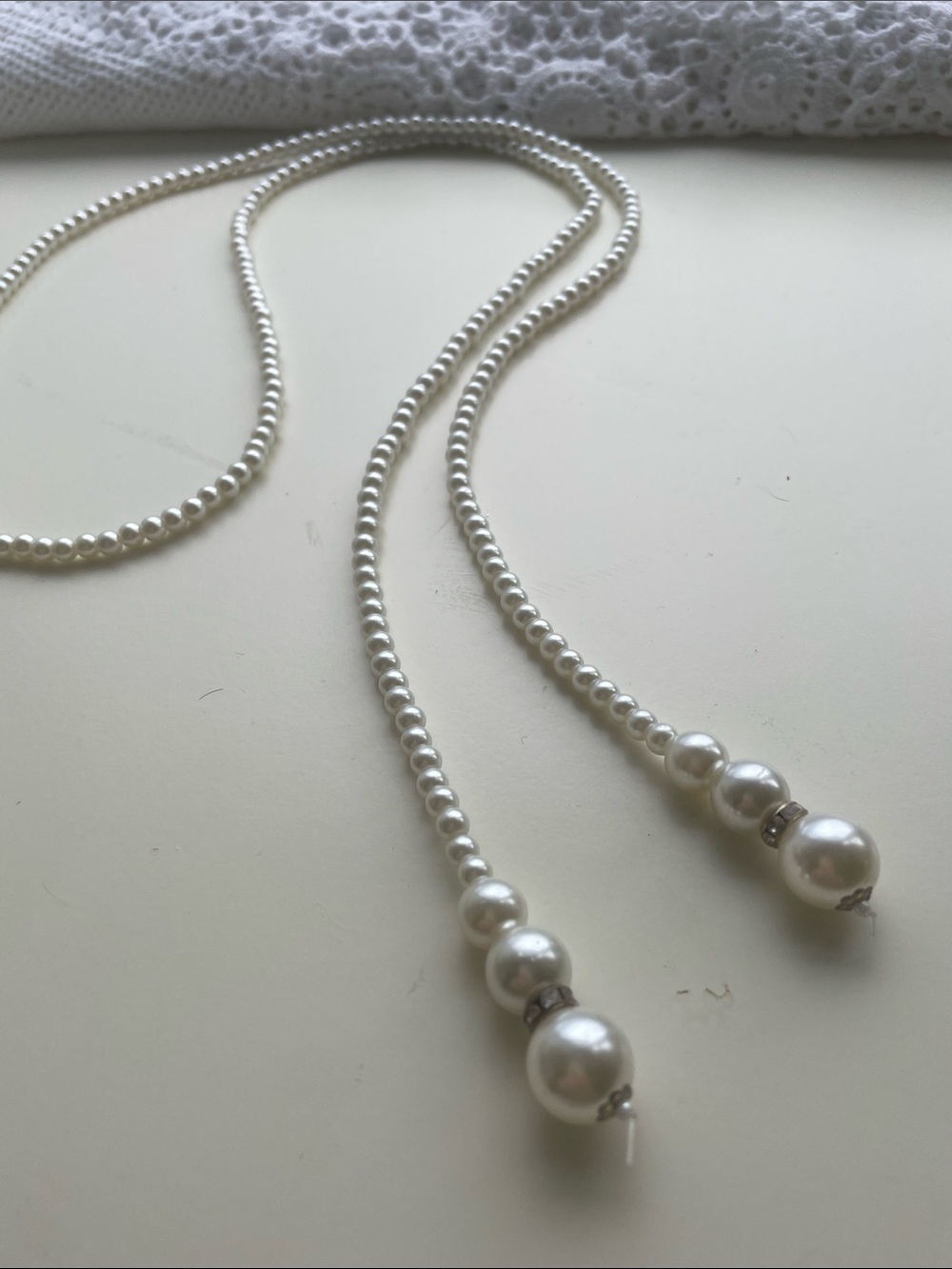 Classic White Faux Pearl Lariat Necklace with crystal spacers 48”